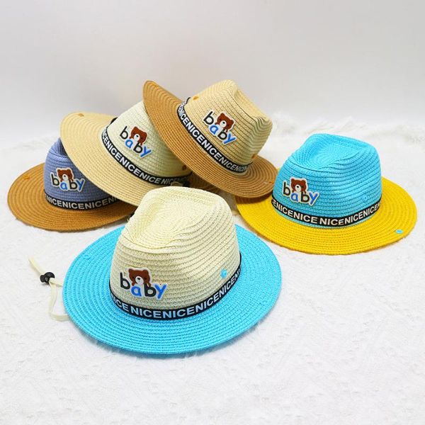 

wide brim hats 2021 summer for kids girls boy baby jazz hat outdoor sun straw cap sombreros de sol accessories caps, Blue;gray