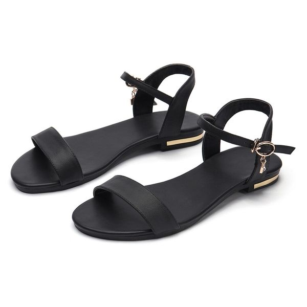 

women buckle strap sandals 2021 woman crystal flats summer womens casual beach shoes big size 34-43 ladies comfortable footwear, Black