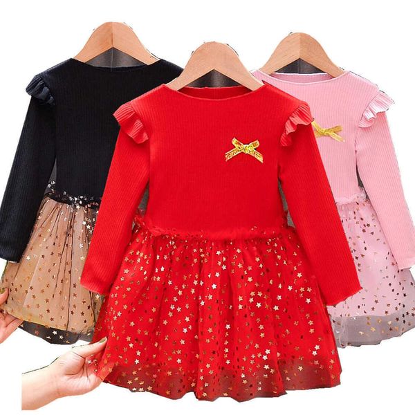 Vestiti per bambini Natale TUTU abiti Manica intera Stella d'oro Rosso Rosa Principessa Abito in maglia per ragazze Baby Cute Abiti Q0716