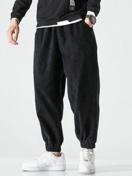 

men slant pockets drawstring waist joggers 60p7#, Black