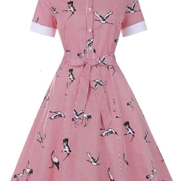 

hepburn casual dresses dress stripe lapel skirt, Black;gray