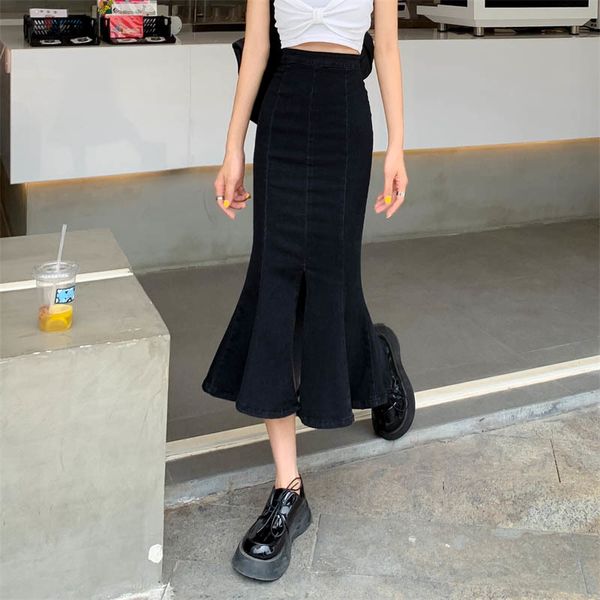 

skirts stretched women mermaid denim summer high waist split fork black fashion ruffles midi jeans korean casual falda midx