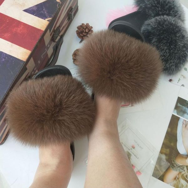 

slippers fur raccoon women slides plush ladies shoes, Black