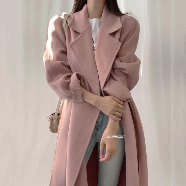 

women's wool & blends 2021 elegant pink coat women korean chic autumn winter lapel single breasted lace up waist long woolen jacket fem, Black