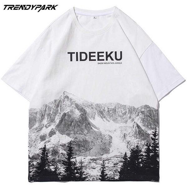 

men's t-shirt summer short sleeve snow mountain printed hip hop oversized cotton casual harajuku streetwear tshirts 210601, White;black