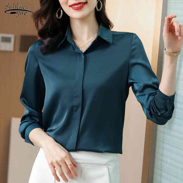 

spring silk shirt office lady plus size solid casual blouse full sleeve turn-down collar satin loose women sihrts 12793 210521, White