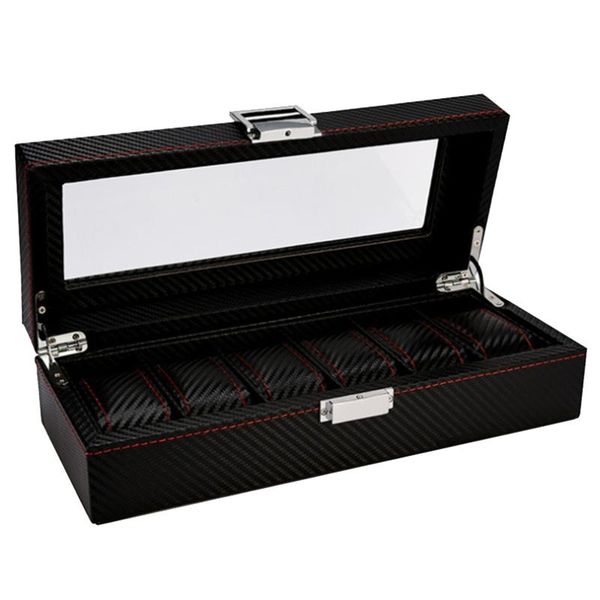

watch boxes & cases 6 slots wooden display case, glass ed case jewelry organizerr,carbon black, Black;blue