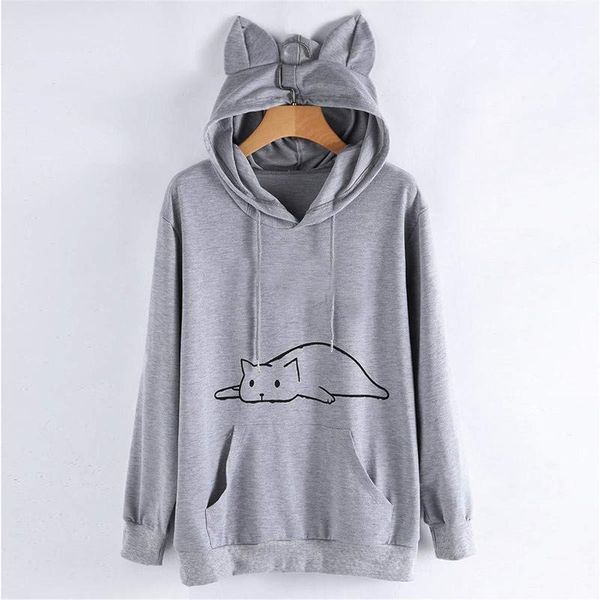

women's hoodies & sweatshirts ladies casual loose hooded long sleeve sweatshirt cat printing pullover tunic blouse, Black