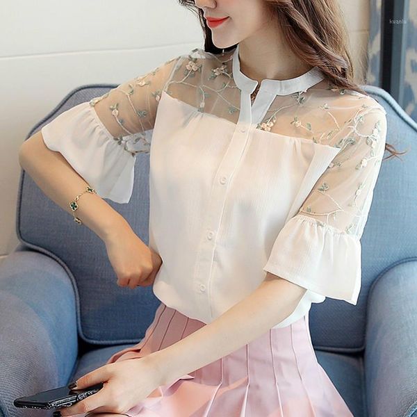 

fashion women shirts summer style floral embroidery blouses feminine mesh patchwork women's &, White