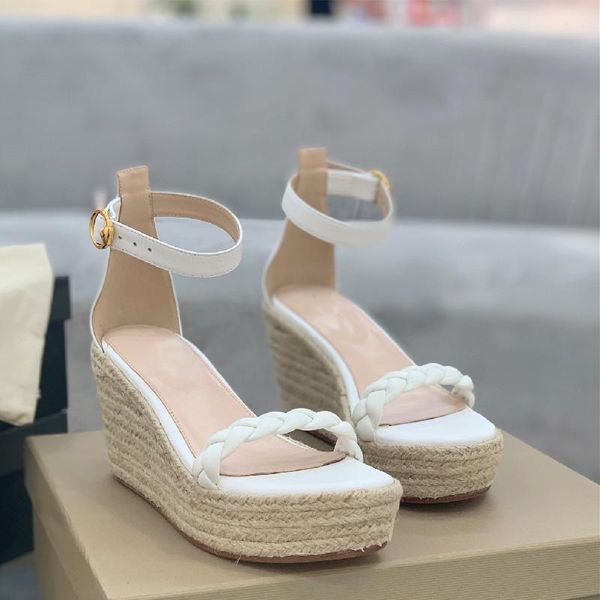 

sandals summer design winding straw woven ladies thick-soled real sheepskin wedge high heels buckle belt beach, Black