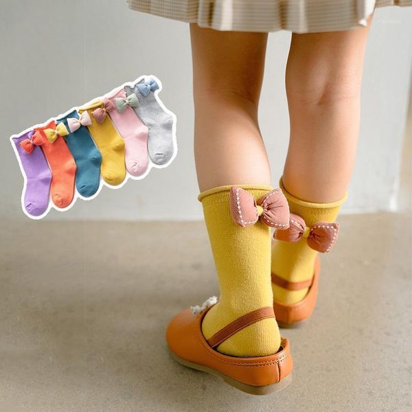 

socks 1-8 years baby girls three-dimensional bowknot girl long soft cotton children sock solid kids, Pink;yellow