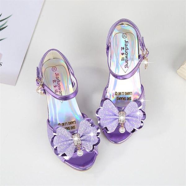 

girls crystal high heels summer fashion bow sandals peep toe princess shoes blue pink silver purple, Black;red