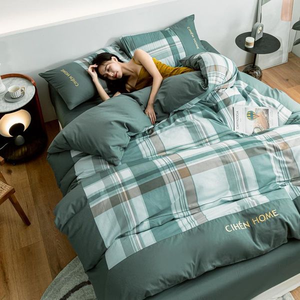

nordic ins style pure cotton 4-piece plaid printing simple light luxury quilt cover bed sheet fitted comfortable bedding sets