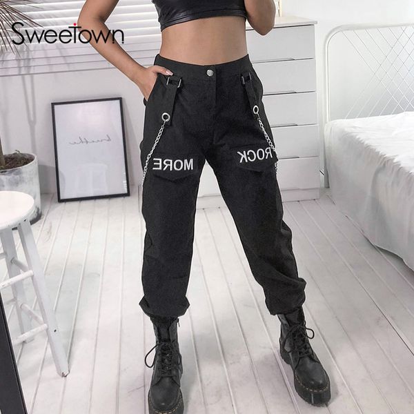 

sweetown autumn winter 2021 cargo pants women embroidery panelled pockets trousers black metal chain patchwork high waist pants, Black;white