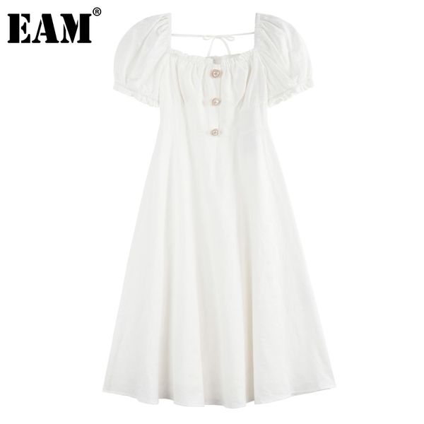 

[eam] women white ruffles elegant dress square neck short puff sleeve loose fit fashion spring summer 1dd7854 210512, Black;gray