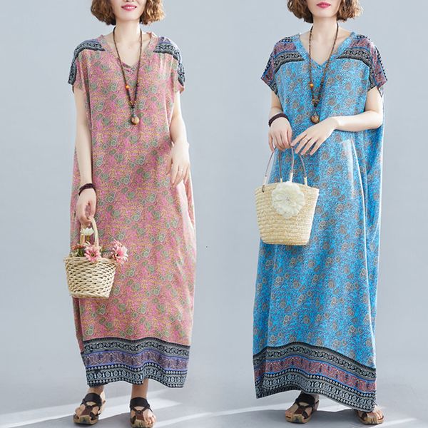 

spring summer retro placement printed cotton and linen v-neck robe large female wide casual loose short sleeve dress k673 ybqc, Black;gray