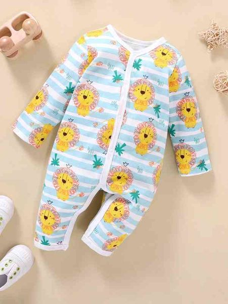 

baby 1pc cartoon & tree print button through jumpsuit she, Blue
