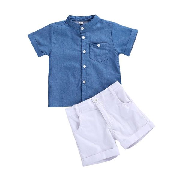 

clothing sets 1-6t boy set 2pieces kids suit solid color stand collar short sleeve shirt and shorts for boys blue white