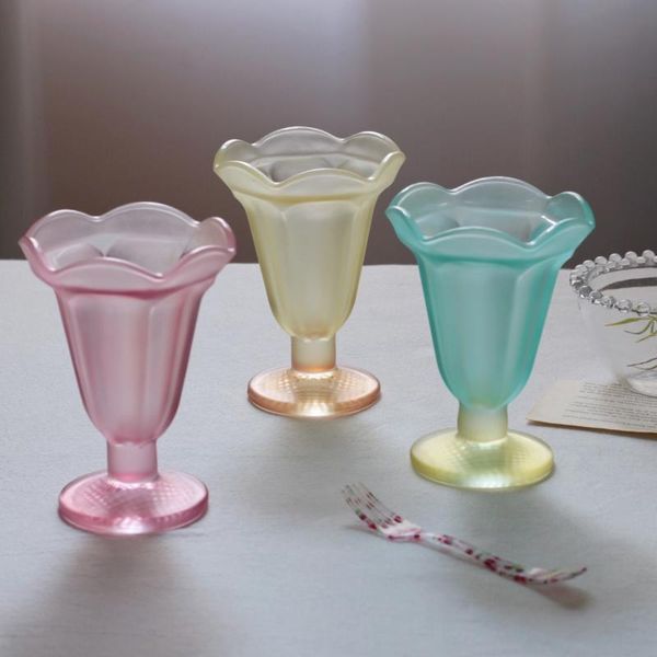 

vintage frosted glass sundae cup / cold drink smoothie shake wine glasses