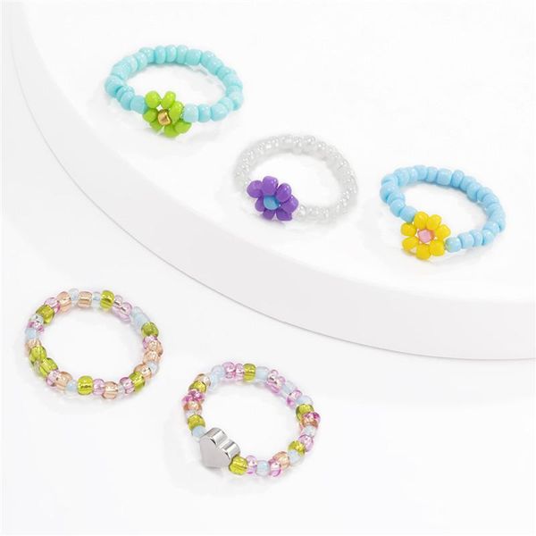 

vacation flowers heart beaded rings european women party gift woven finger ring souvenir daily hand wear jewelry sets accessories, Silver