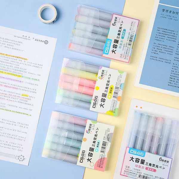 

6pcs triangle shape multi color jumbo highlighter pens set retro morandi mild fluorescent marker liner drawing supplies a6237 highlighters, Black;red