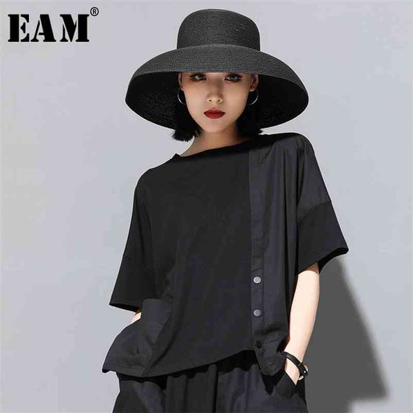 

[eam] new spring summer round neck half sleeve black button split joint loose big size t-shirt women fashion tide jx500 210322, White
