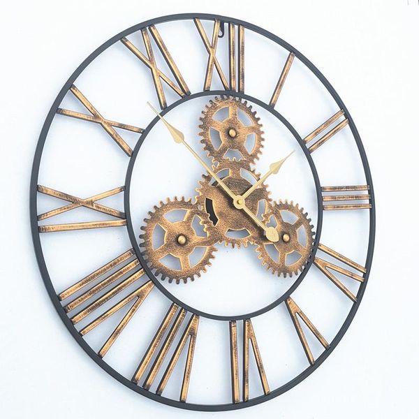 

wall clocks 30-80cm american wooden 3d retro gear roman clock modern design living room cafe quiet decorative quartz
