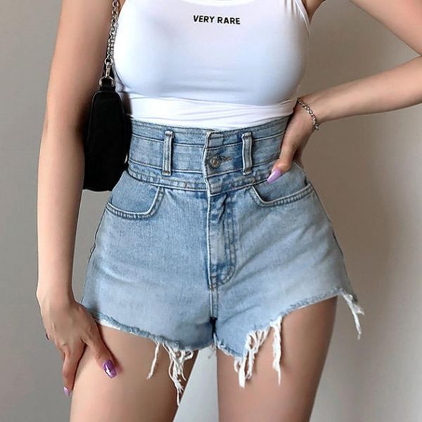

women's shorts women's slim high waist hole burrs mini denim 2021 korean summer solid color tassel female casual streetwear, White;black