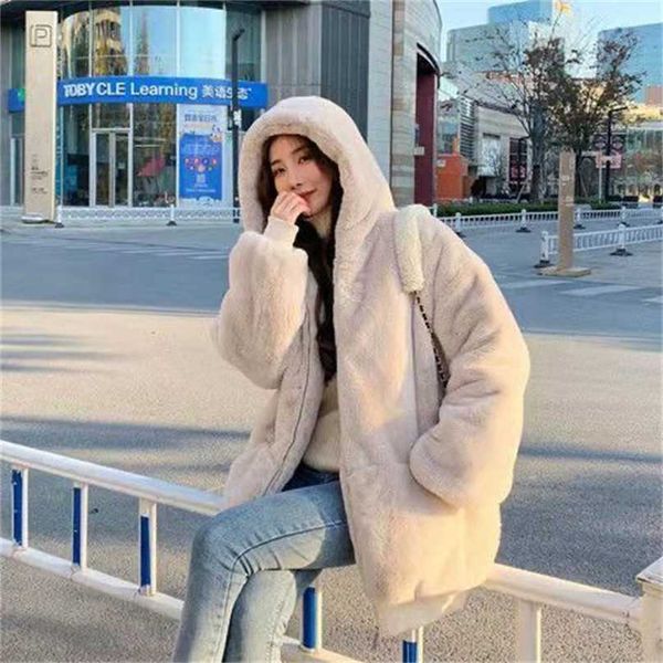 

winter women's furry thick coat fashion loose solid color wool 211220, Black