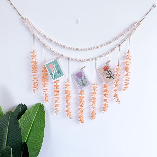 

decorative objects & figurines handmade wooden bead po hanging with 25 wood clips ins style household artificial leaves picture wall decorat