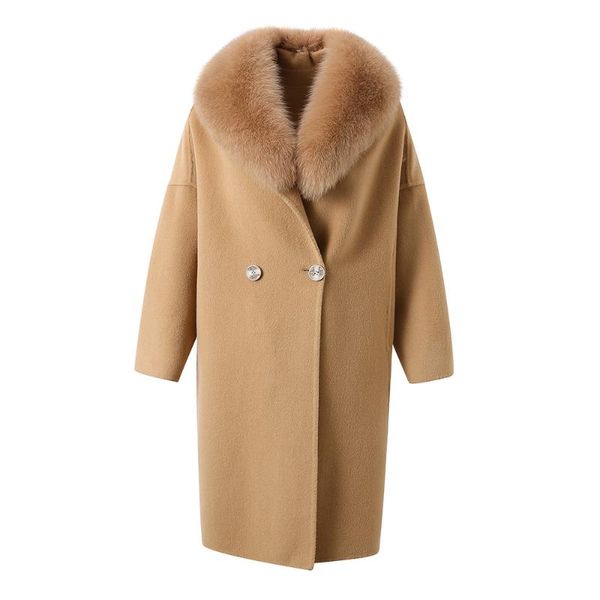 

women's wool & blends winter cashmere coats women arrivals fur collar lady trench elegant long jacket overcoat qn3685, Black