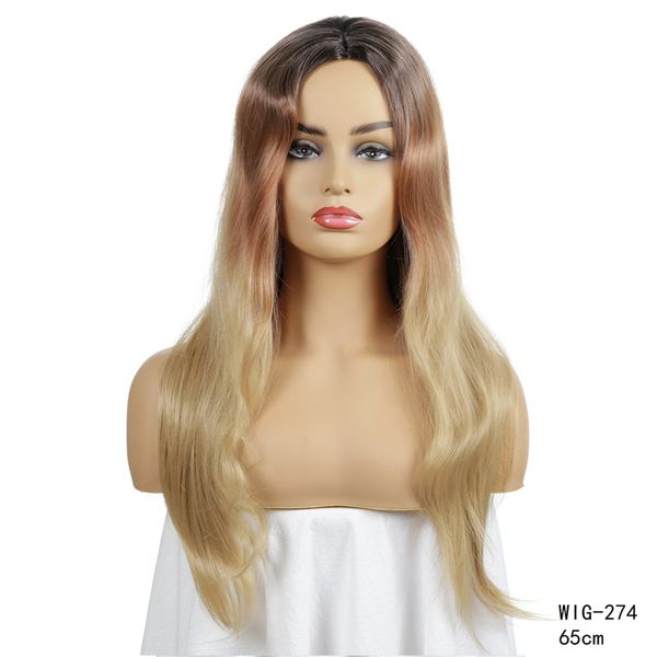 

brown + blonde ombre color synthetic wig simulation human remy hair wigs perruques de cheveux humains wig-274, Black