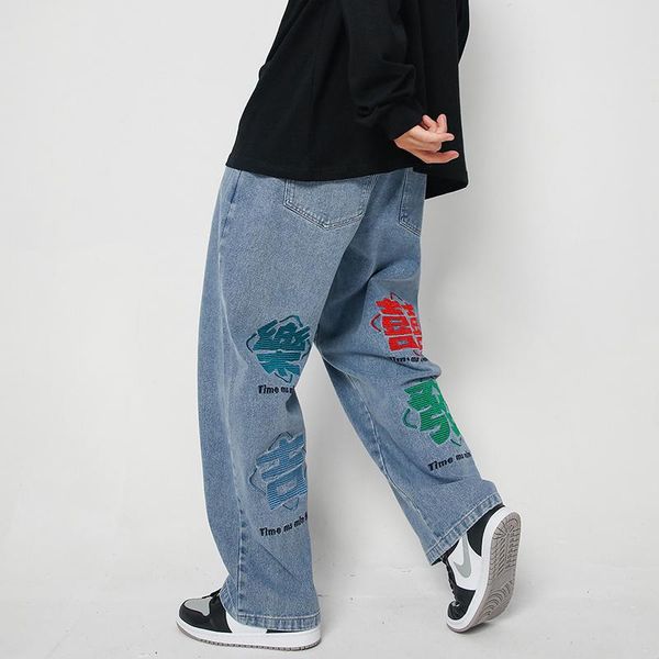

men's jeans japanese retro chinese embroidery letter washed denim trousers couple drawstring hip hop baggy pants ripped, Blue