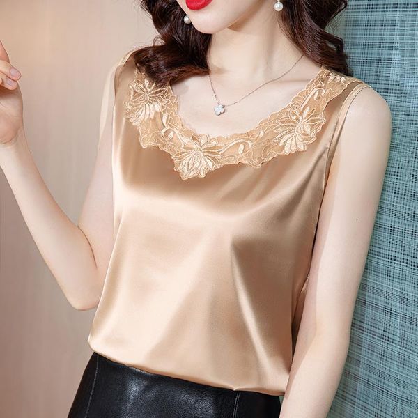 

women's t-shirt -5xl plus size shirt 2021 summer sleeveless satin elegant slim embroidered femle vest blusas, White