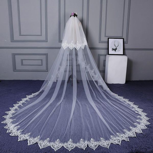 

bridal veils lan ting bride two-tier cut edge lace applique wedding veil cathedral 53 scattered bead floral motif style appliques, Black