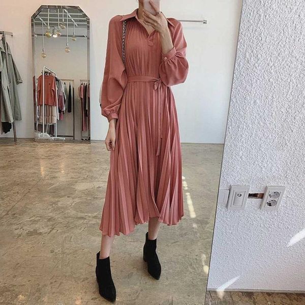 

casual dresses spring autumn women's dress korean style solid color loose pleated lace waist slim long sleeve female 434, Black;gray
