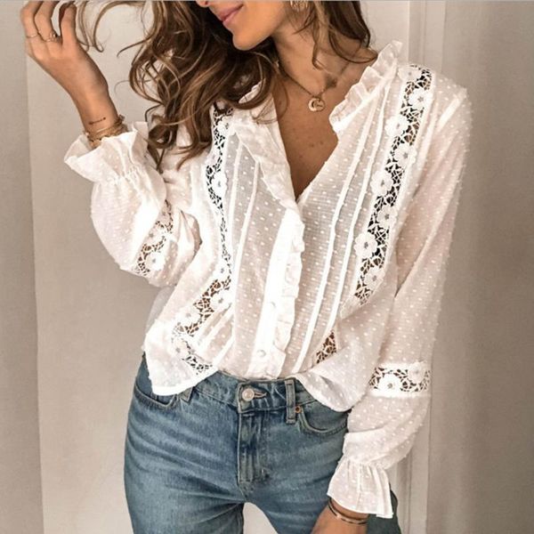 

womens casual v neck lace shirts long sleeve leopard patchwork blouse elegant autumn female blusas poleras mujer women's blouses &, White