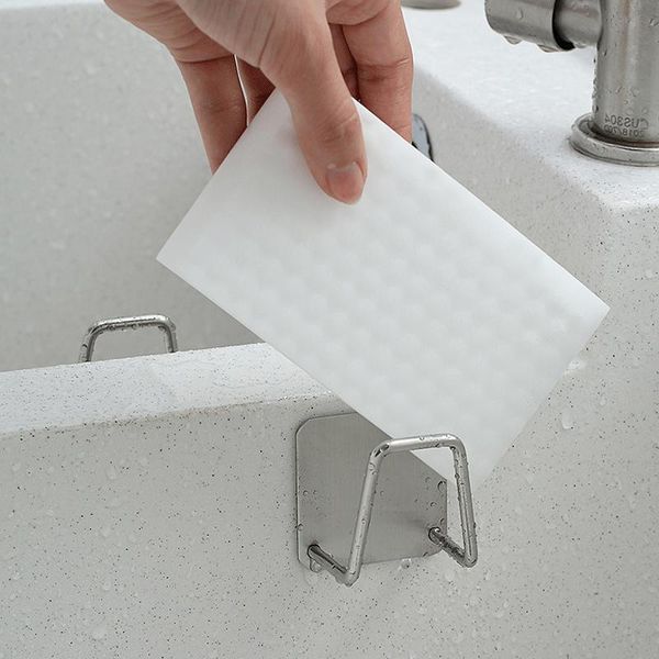 

kitchen stainless steel sponges holder self adhesive sink drain drying rack storage organizer hooks & rails