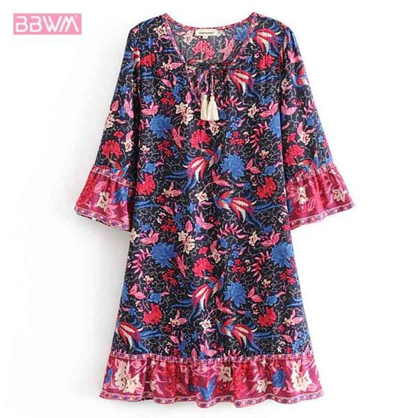 

summer women's v-neck sleeves slim tie tassel flower print holiday dress ethnic style female dresses beachside 210507, Black;gray