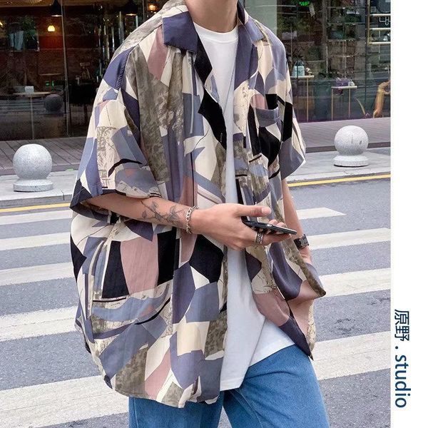 

men's casual shirts geometric contrast color short-sleeved shirt 2021 summer personality inch trend korean floral, White;black