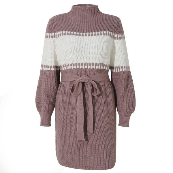

fannic autumn and winter knitted dress women color stitching long sleeve casual sashes lace up turtleneck dresses, Black;gray