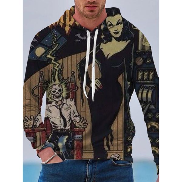 

halloween shaman pattern men s 3d printing hoodie visual impact party punk gothic round neck american sweatshirt hoodie, Black