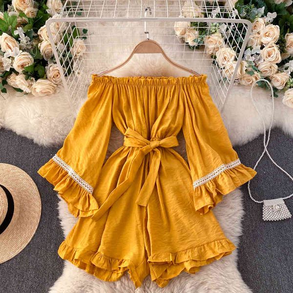 

women's jumpsuits & rompers ins hollow long flare sleeve loose jumpsuit fashion slash neck holiday solid color wide-leg overalls p, Black;white