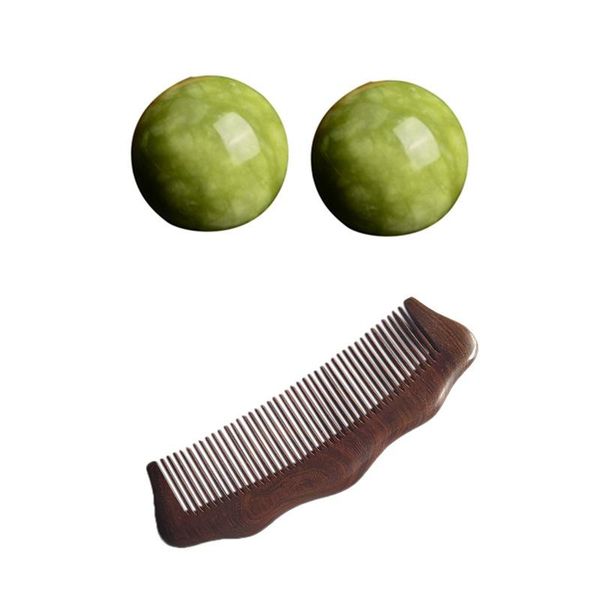 

hair brushes 2pcs marble jade baoding chinese health stress exercise balls & 1 pcs anti-static comb sandalwood combs solid wood, Silver