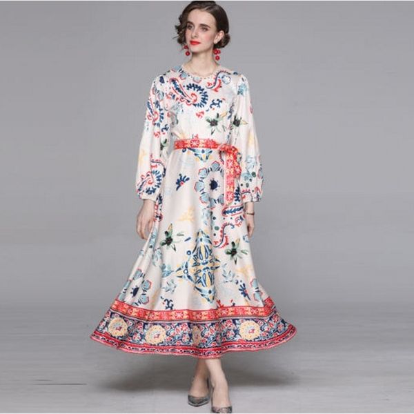 

summer fashion elegant women casual long sleeve o neck floral print long dress with belt 210531, Black;gray