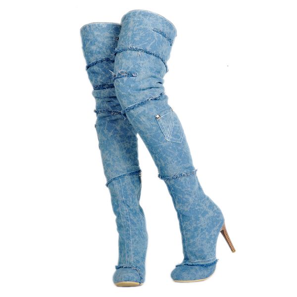 

boots olomm woman on her knee boots denim cloth stiletto heels round toe blue casual shoes plus me size 5-15 lhgg, Black