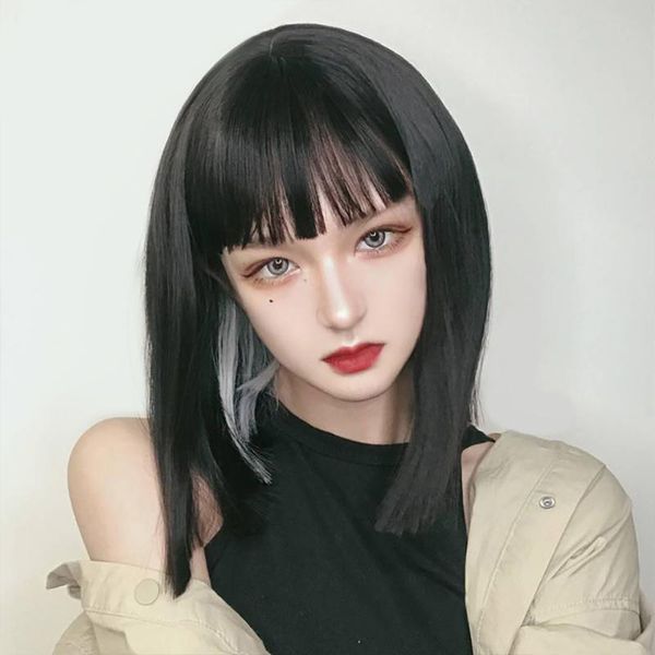 

synthetic wigs lolita cosplay high temperature resistant fiber wig female short straight hair natural black silver white headgear