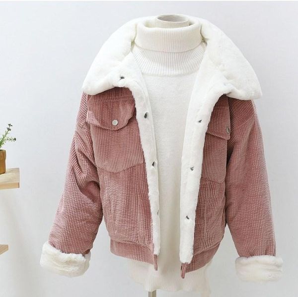 

women's jackets 2021 winter loose women lambswool jacket fashion thick corduroy coat ladies cute warm short parka outerwear, Black;brown