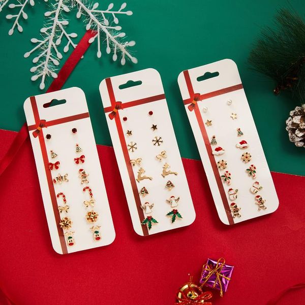 

stud 8/12 pairs/set cute santa claus snowman xmas tree earrings set lovely deer elk snowflake creative merry christmas ear studs, Golden;silver