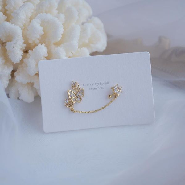 

delicate 14k real gold 1pcs butterfly stud earrings for women cubic zircon cz flower, Golden;silver